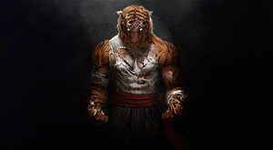 Humanoid Tiger Warrior in Tattered White Tank Top and Red Sash HD wallpaper