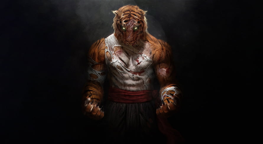 Humanoid Tiger Warrior in Tattered White Tank Top and Red Sash HD wallpaper