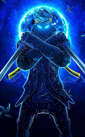 Blue Glowing Anime Ninja With Dual Swords And Moon Background HD phone wallpaper