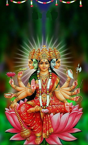 Five-headed Goddess Durga sitting on a pink lotus with divine weapons and radiant aura HD phone wallpaper
