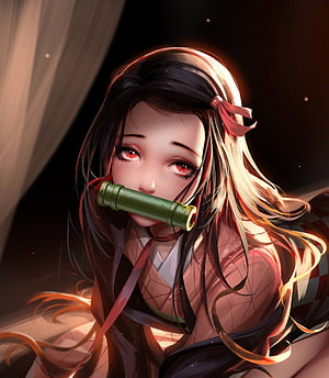 Kamado Nezuko Anime Portrait With Bamboo Mouthpiece And Red Eyes HD phone wallpaper
