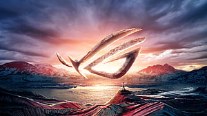 Asus ROG Logo Floating Over Snowy Mountain Lake at Sunset HD wallpaper
