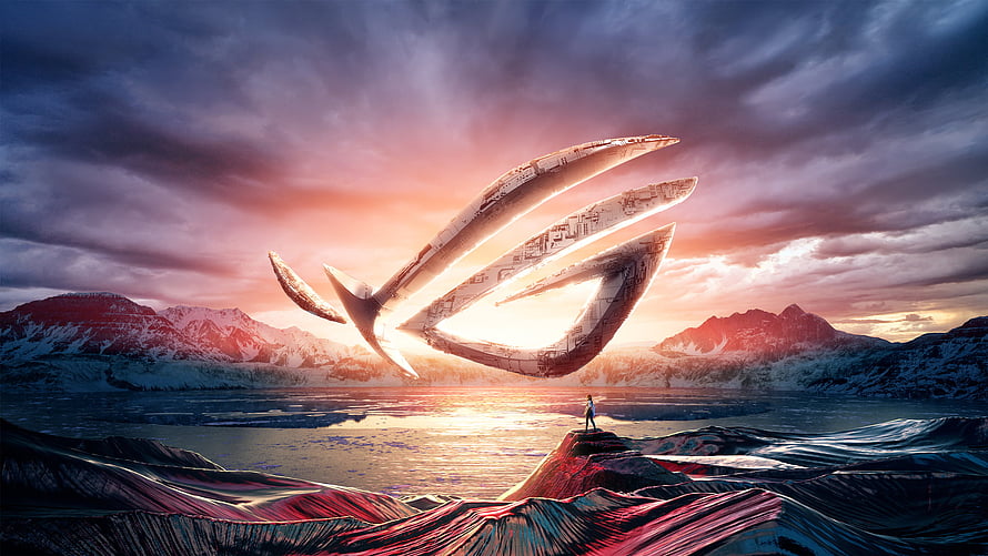 Asus ROG Logo Floating Over Snowy Mountain Lake at Sunset HD wallpaper