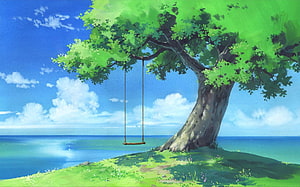 Serene Anime Landscape With Tree Swing Overlooking The Ocean HD wallpaper
