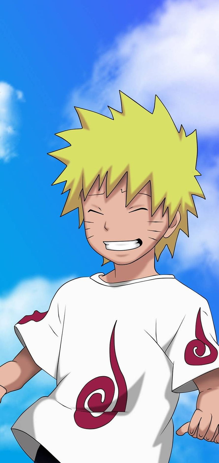 Kid Naruto Uzumaki Smiling in White Shirt Against Blue Sky HD phone wallpaper