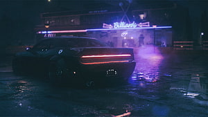 Dodge Challenger in a Neon-Lit Night Scene with Vaporwave Aesthetic HD wallpaper