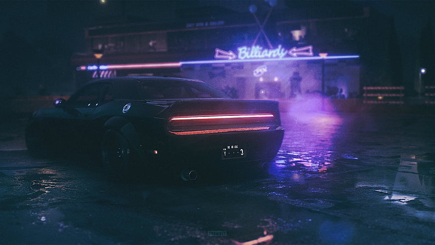 Dodge Challenger in a Neon-Lit Night Scene with Vaporwave Aesthetic HD wallpaper