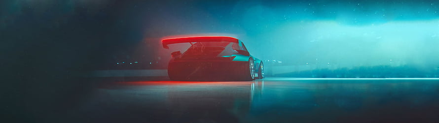 Cyan and Red Neon Sports Car with Rear Spoiler on Wet Night Road HD wallpaper