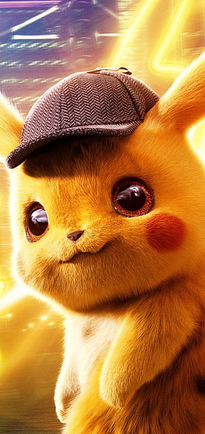 Detective Pikachu wearing a brown deerstalker hat with a serious expression in a cinematic close-up HD phone wallpaper