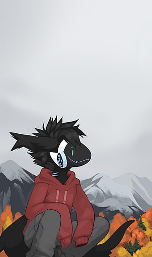 Furry Character in Red Hoodie Sitting Before Snowy Mountains and Autumn Trees HD phone wallpaper