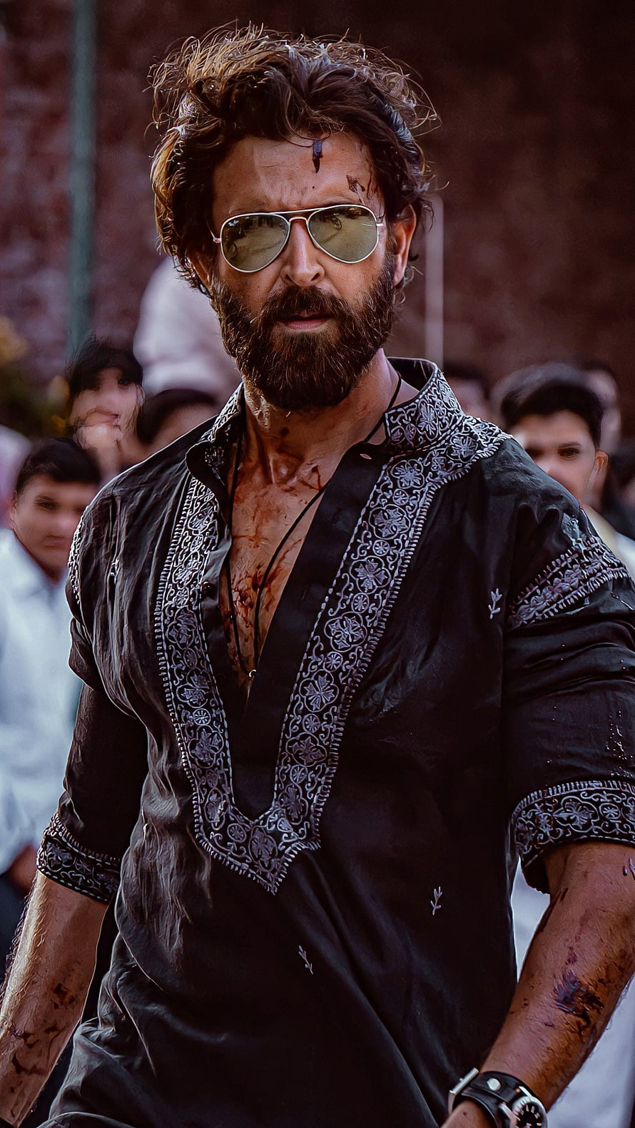 Hrithik Roshan as Baaghi 4 Character in Black Kurta with Sunglasses and Blood Stains HD phone wallpaper