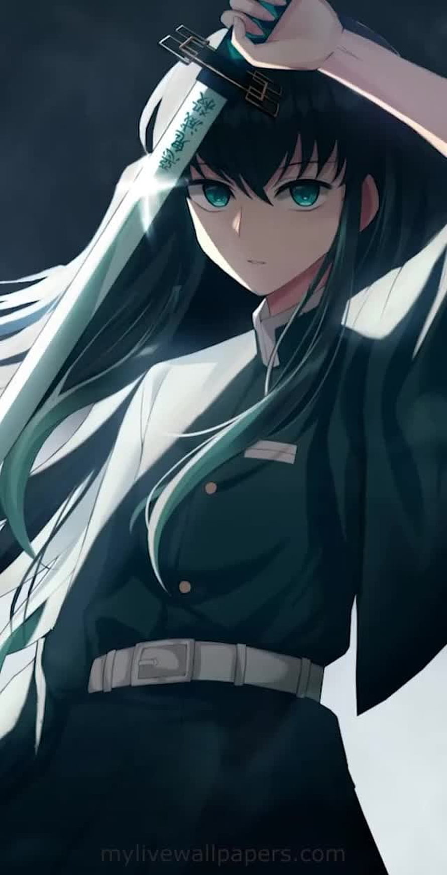 Muichiro Tokito from Demon Slayer Holding a Glowing Sword in Dark Uniform HD phone wallpaper
