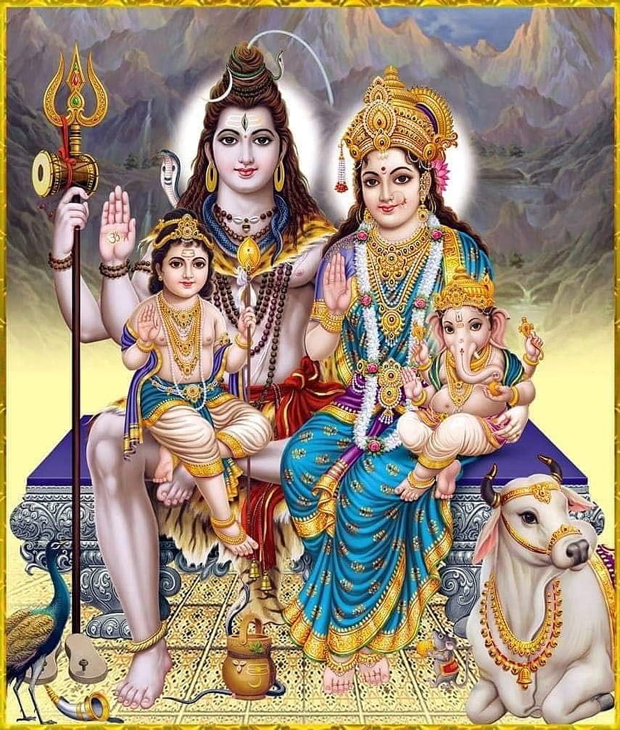 Lord Shiva and Parvati with Ganesha and Kartikeya in a traditional Indian family portrait HD phone wallpaper