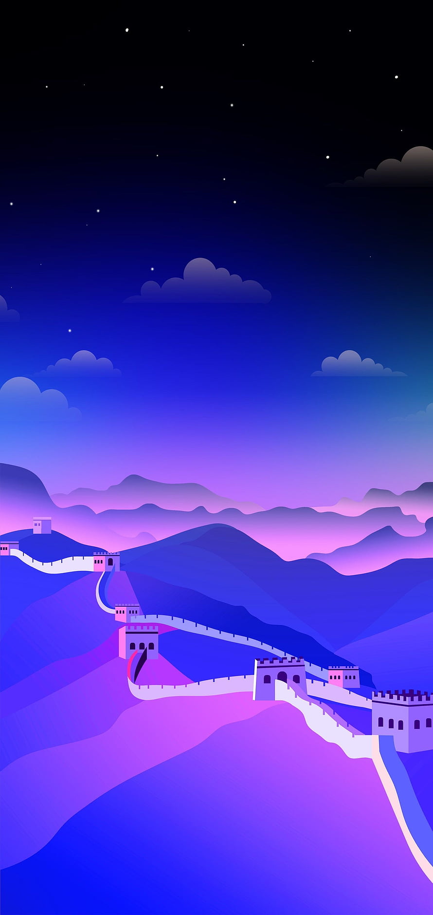 Stylized Great Wall of China at Night with Purple Mountains and Starry Sky HD phone wallpaper