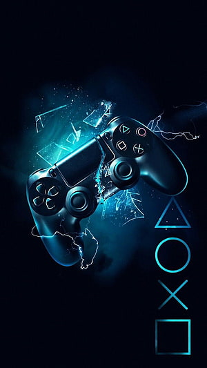 PlayStation 4 Controller with Glowing Blue Lightning and Shattered Glass Effects HD phone wallpaper