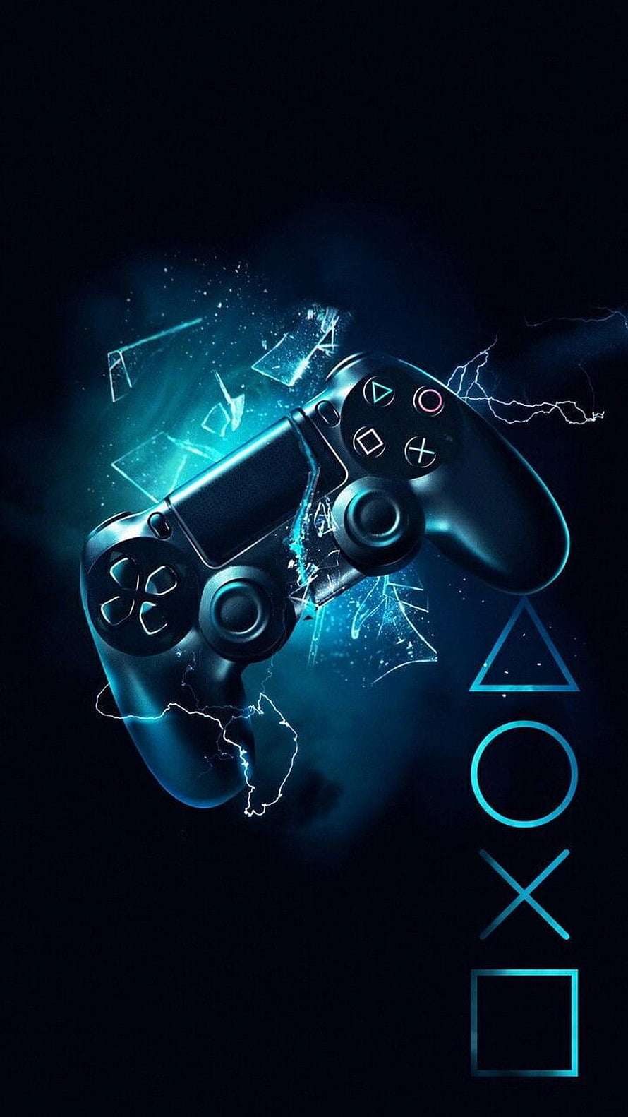 PlayStation 4 Controller with Glowing Blue Lightning and Shattered Glass Effects HD phone wallpaper