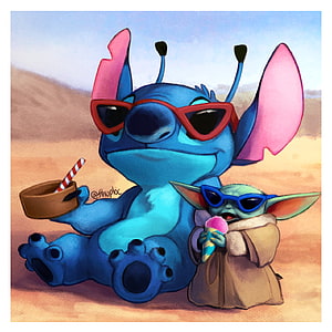 Stitch and Baby Yoda relaxing in the desert with sunglasses and treats HD phone wallpaper