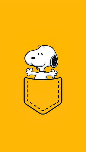 Snoopy Peeking Out of a Yellow Pocket on a Solid Amber Background HD phone wallpaper