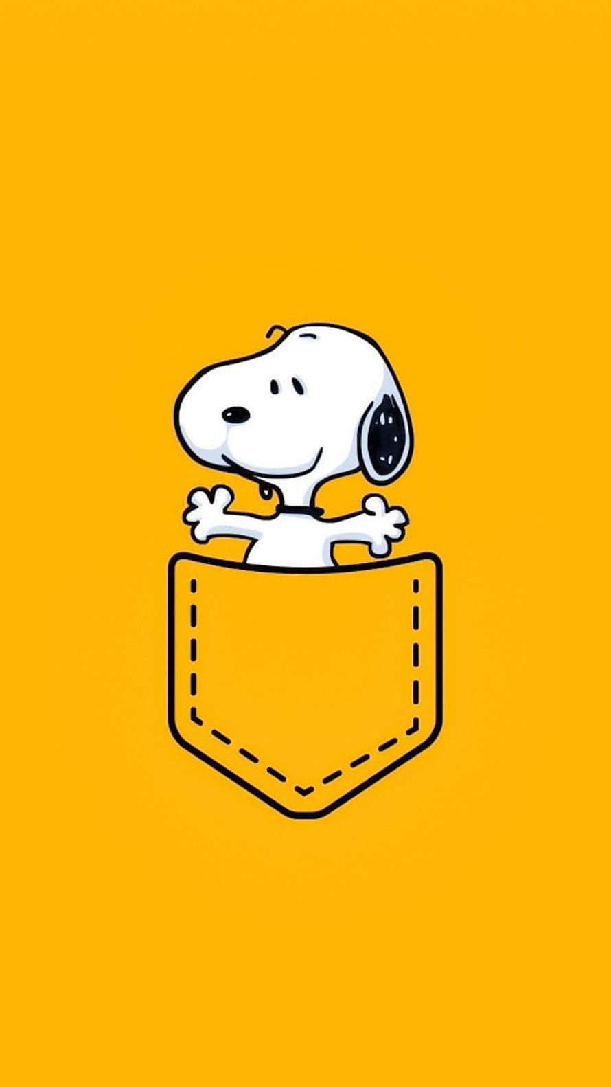Snoopy Peeking Out of a Yellow Pocket on a Solid Amber Background HD phone wallpaper