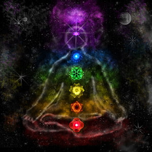 Meditating Figure with Seven Glowing Chakra Energy Centers Against a Cosmic Starry Background HD phone wallpaper