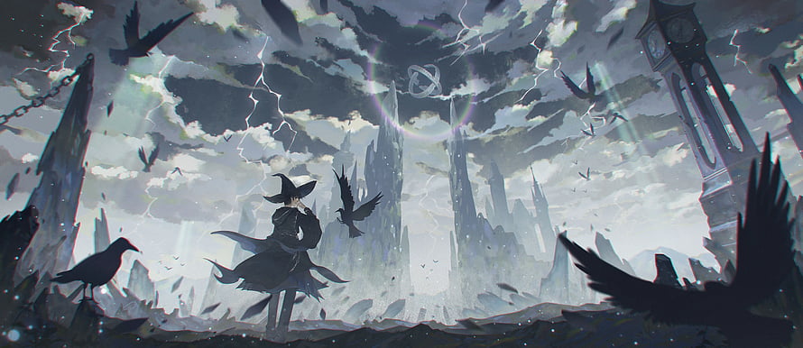 Dark Fantasy Witch Standing Amidst Ruins With Crows And Lightning HD wallpaper