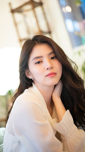 Portrait of a Beautiful Woman with Long Wavy Hair Wearing a White Blouse, Han so hee, korean actress, beautifull HD phone wallpaper