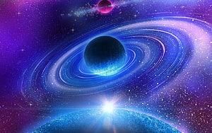 Vibrant Cosmic Nebula with Ringed Planet and Starburst in Deep Space HD wallpaper