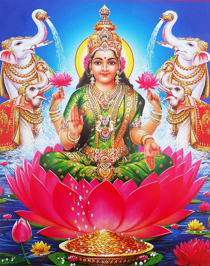 Goddess Lakshmi Sitting on Lotus with Elephants Pouring Water and Gold Coins HD phone wallpaper