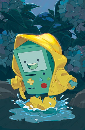 Adventure Time Game Boy Character in Yellow Raincoat Splashing in a Puddle HD phone wallpaper