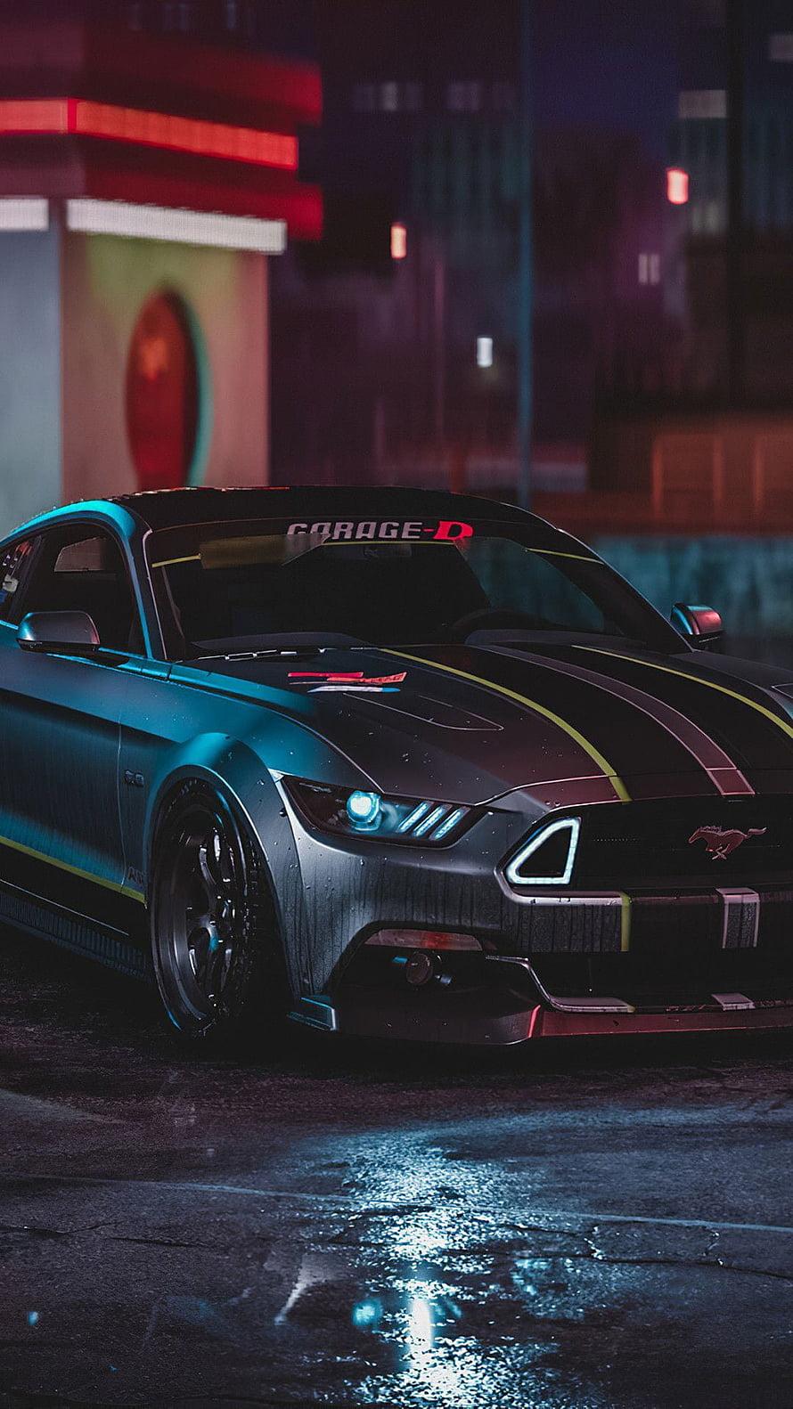 Black Ford Mustang GT with Neon Stripes in Cyberpunk City Night HD phone wallpaper