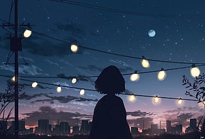 Silhouette of a girl looking at a starry night sky with hanging lights and city skyline HD wallpaper