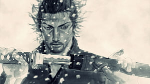 Miyamoto Musashi Drawing Katana in Snowfall Monochrome Anime Illustration HD wallpaper