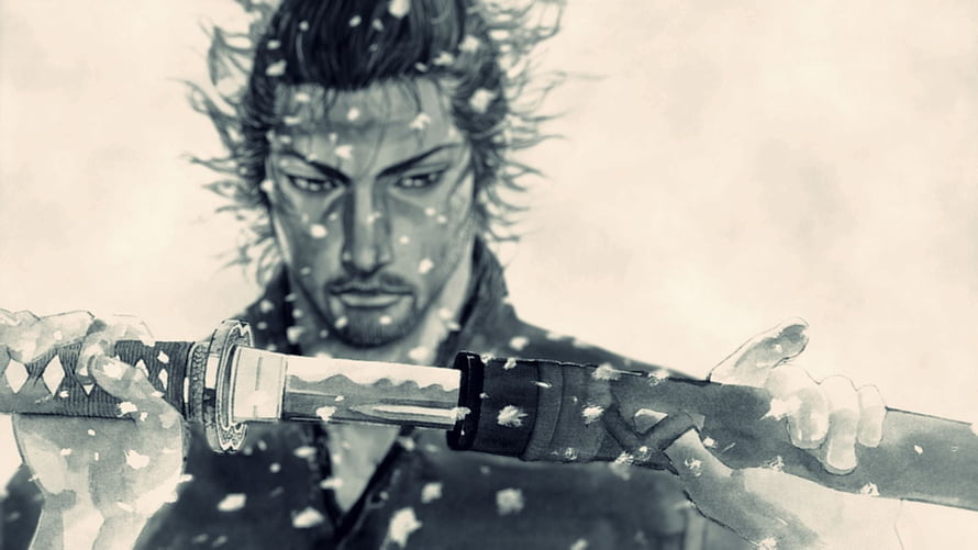 Miyamoto Musashi Drawing Katana in Snowfall Monochrome Anime Illustration HD wallpaper