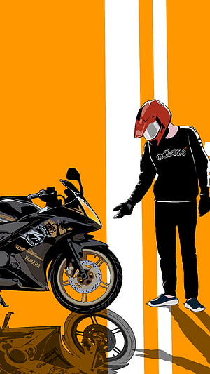 Yamaha R15 Sport Bike and Rider in Black Adidas Hoodie on Orange Background HD phone wallpaper