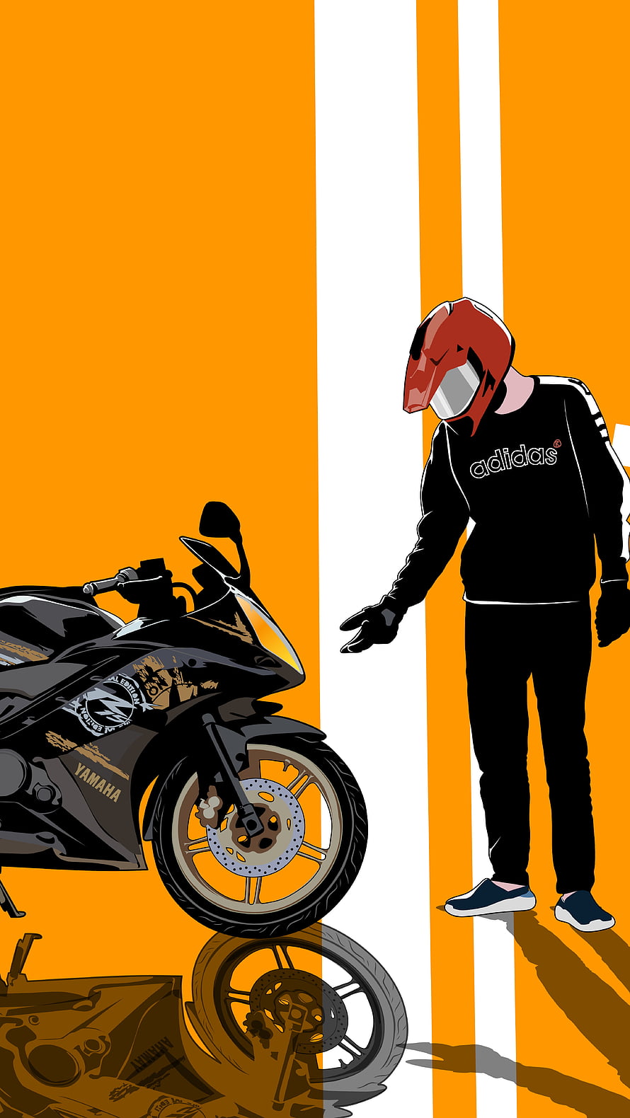 Yamaha R15 Sport Bike and Rider in Black Adidas Hoodie on Orange Background HD phone wallpaper