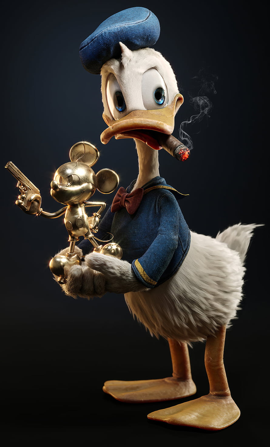 Donald Duck Noir: Realistic 3D Render Holding Golden Mickey Statue and Cigar HD phone wallpaper