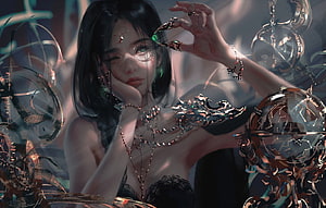 Wlop Fantasy Artwork: Ethereal Woman with Green Eyes and Ornate Jewelry, girl, fantasy, green eyes, brunette, digital art, artwork, princess, fantasy art, jewelry, fantasy girl, bare shoulders, Ghost blade, Wlop, emeralds, monocle for , section фантастика, Ghost Digital Art HD wallpaper