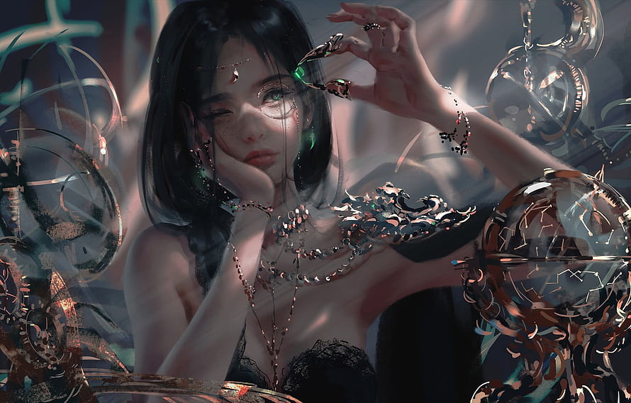 Wlop Fantasy Artwork: Ethereal Woman with Green Eyes and Ornate Jewelry, girl, fantasy, green eyes, brunette, digital art, artwork, princess, fantasy art, jewelry, fantasy girl, bare shoulders, Ghost blade, Wlop, emeralds, monocle for , section фантастика, Ghost Digital Art HD wallpaper