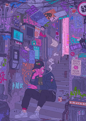 Cyberpunk Street Art Illustration of a Man Smoking on Graffiti-Covered Stairs, Chill Vibes Anime, Chill Aesthetic HD phone wallpaper