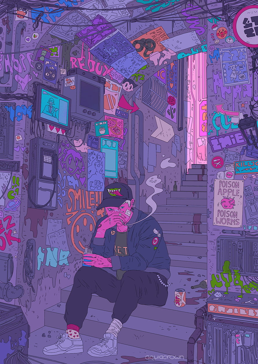 Cyberpunk Street Art Illustration of a Man Smoking on Graffiti-Covered Stairs, Chill Vibes Anime, Chill Aesthetic HD phone wallpaper