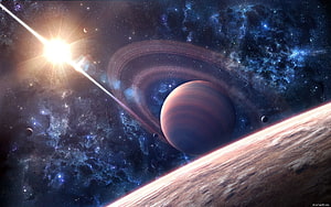 Vast Cosmic Scene Featuring Ringed Planet, Distant Star, and Nebulae in Deep Space HD wallpaper