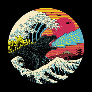 Godzilla Atomic Breath Japanese Pop Art Wave Illustration HD phone wallpaper