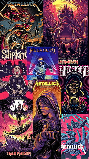 Heavy Metal Band Poster Collage Featuring Metallica, Iron Maiden, Megadeth, Slipknot, and Black Sabbath HD phone wallpaper