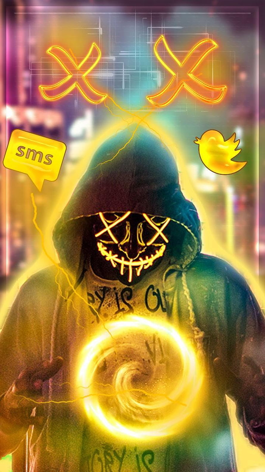 Glowing Hooded Figure with Neon Mask and Digital Icons in Cyberpunk Style HD phone wallpaper