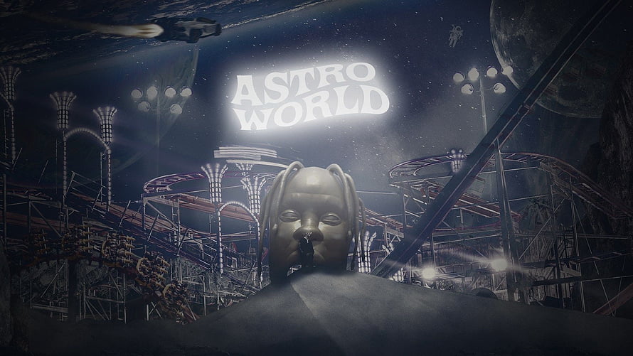 Travis Scott Astro World Festival Stage With Giant Head Sculpture And Roller Coaster HD wallpaper