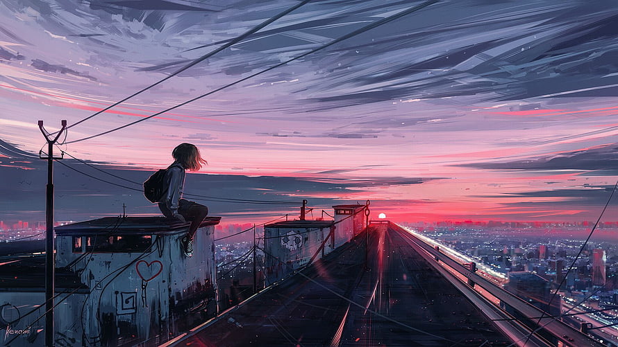Anime Girl Sitting on Rooftop Watching Sunset Over City HD wallpaper