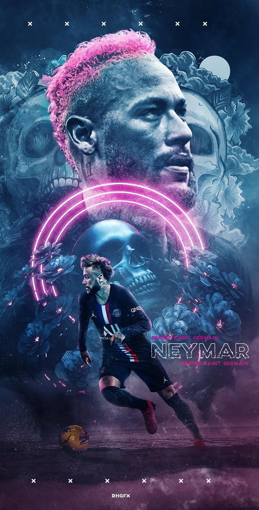 Neymar Jr Paris Saint Germain Digital Art Portrait with Neon Skulls and Floral Elements HD phone wallpaper
