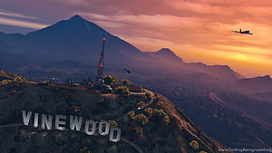 Grand Theft Auto 5 Vinewood Sign at Sunset with Mountain and Airplane HD wallpaper