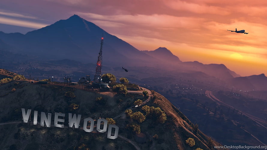 Grand Theft Auto 5 Vinewood Sign at Sunset with Mountain and Airplane HD wallpaper