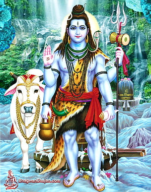 Lord Shiva standing with Nandi bull near waterfall holding trident damru and holy water pot HD phone wallpaper